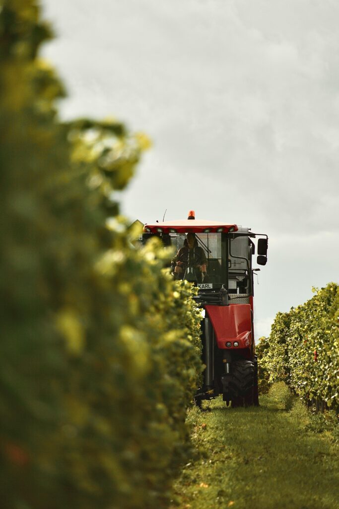 A photo of a tractor doing work in the distance with blurry crops encroaching in the foreground